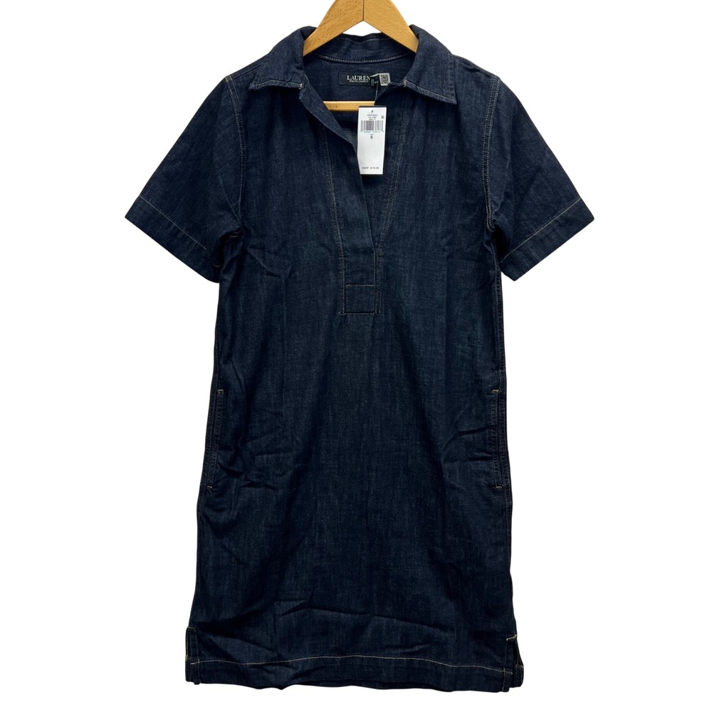 Lauren Ralph Lauren Womens Indigo Denim V-Neck Shift Dress Blue Size S New $145